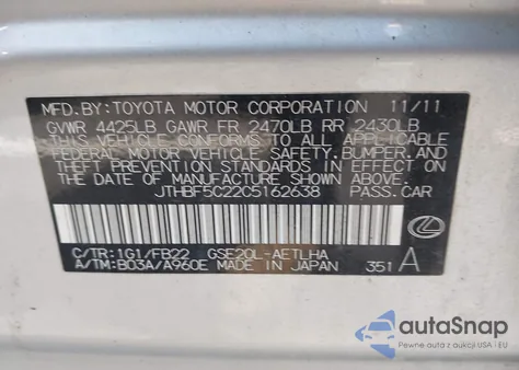 2012 Lexus Is 250 z USA, uszkodzony, nr VIN JTHBF5C22C5162638